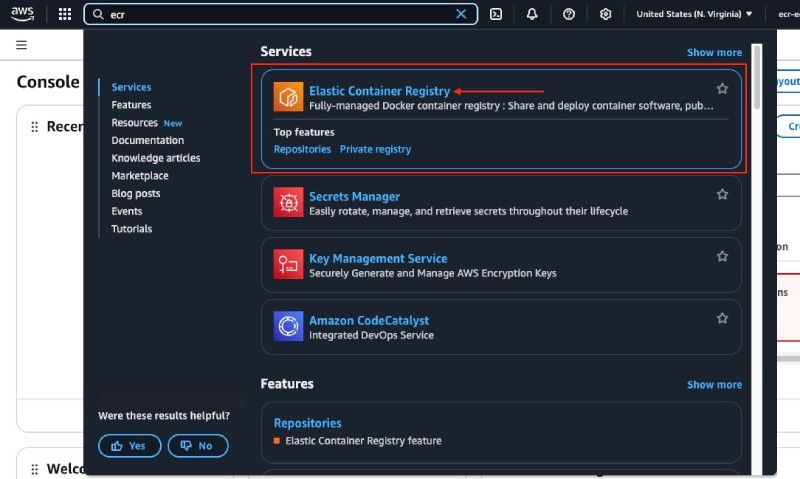 Search for ecr on Amazon web console