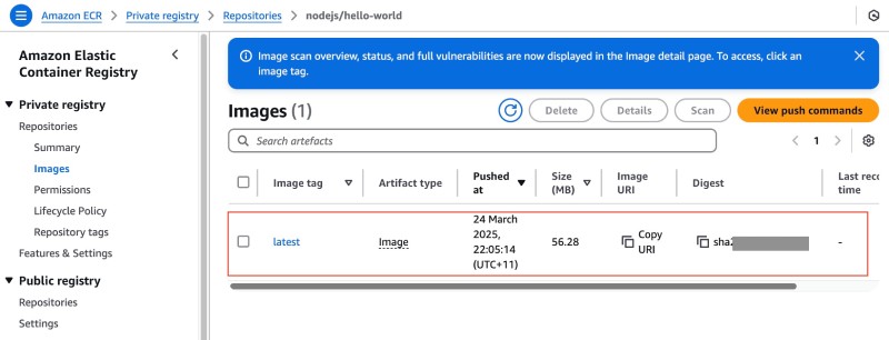 AWS Console UI showing Amazon ECR with the pushed Docker image of a Node.js Express Hello World App