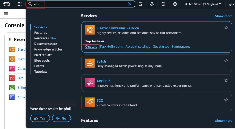 AWS console showing search for ecs to go to Elastic Container Service - Clusters