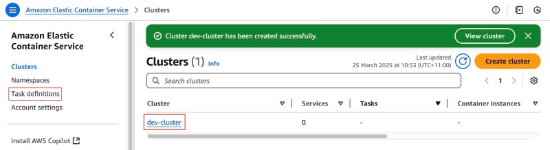 AWS console showing ECS cluster created called dev-cluster