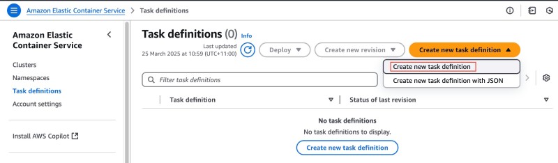 AWS console showing ECS Create new task definition link on the Task defintions page