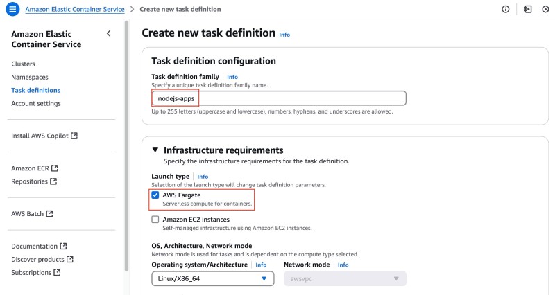 AWS console showing ECS Create new task definition form with task definition family and infrastructure options