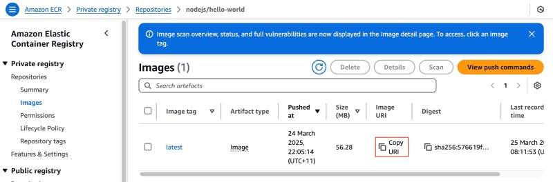AWS console showing ECR image page to copy the image URI for the built and pushed image