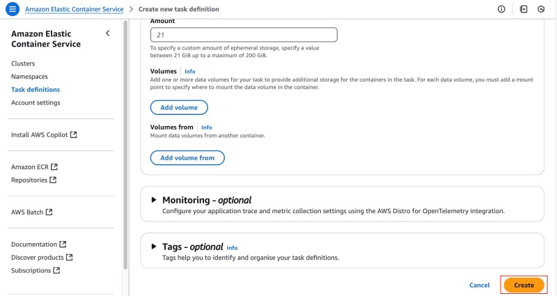 AWS console showing ECS Create new task definition form submisstion with Create button