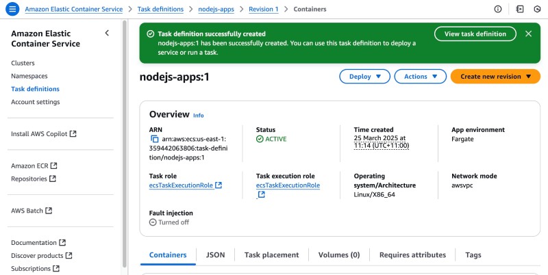 AWS console showing ECS task created