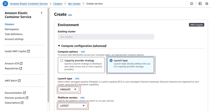 AWS console showing ECS service create form with compute configuration