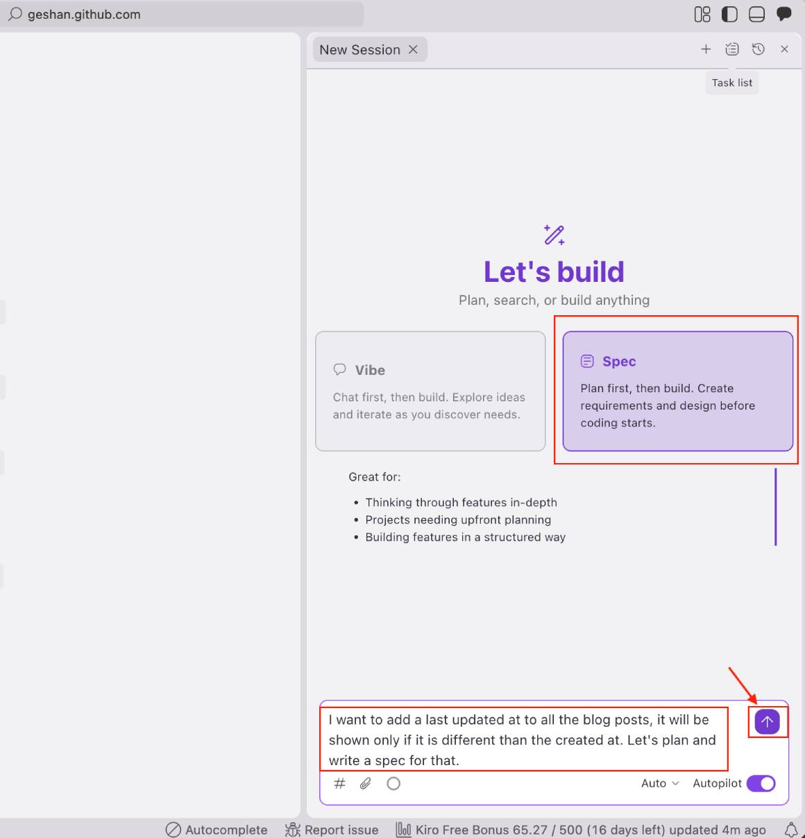 AWS Kiro with the initial prompt for the updated at feature for the Eleventy blog