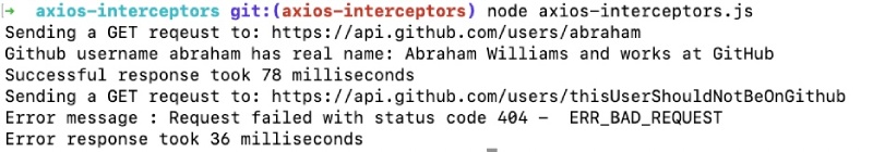 Output of Axios interceptors code example for logging request duration