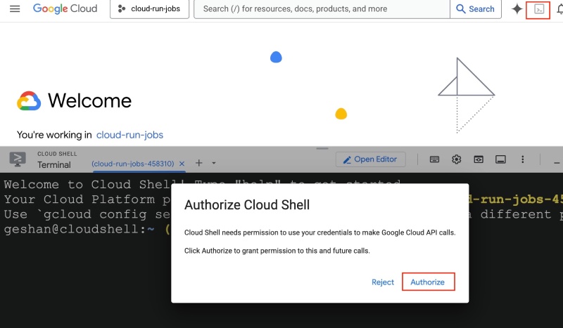 Open Cloud shell and authorize it in GCP Console