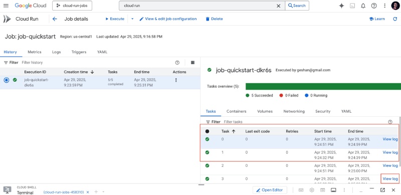 Cloud Run Jobs ran successfully after being triggered from Cloud Shell