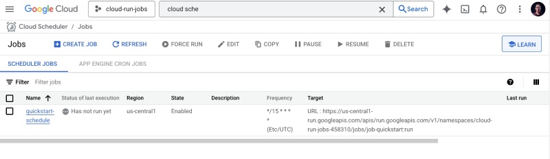 Cloud scheduler page showing newly created schedule