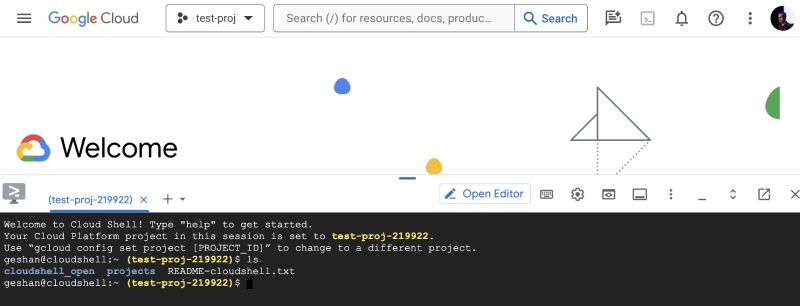 Google Cloud Shell terminal window in action Google Cloud Shell terminal window in action