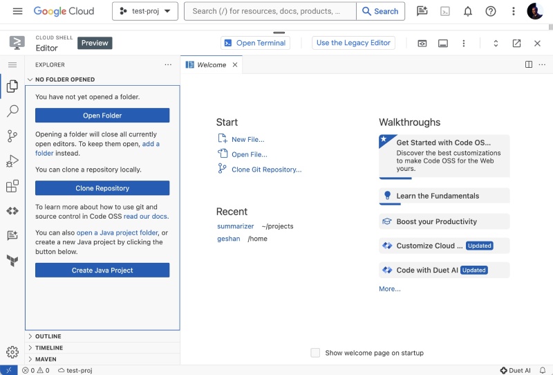 The new Google Cloud Shell Editor ready for use, looks similar to VS Code The new Google Cloud Shell Editor ready for use, looks similar to VS Code