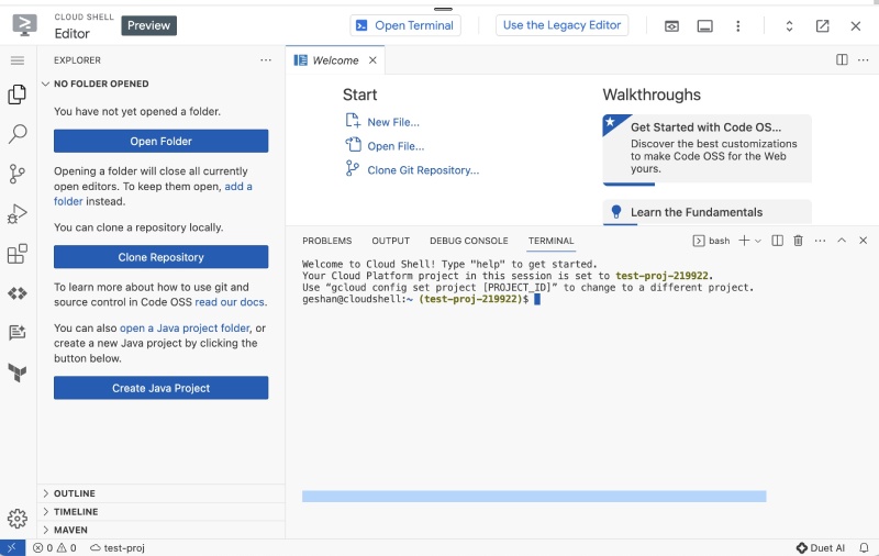 Access the terminal inside the Google Cloud Shell editor Access the terminal inside the Google Cloud Shell editor