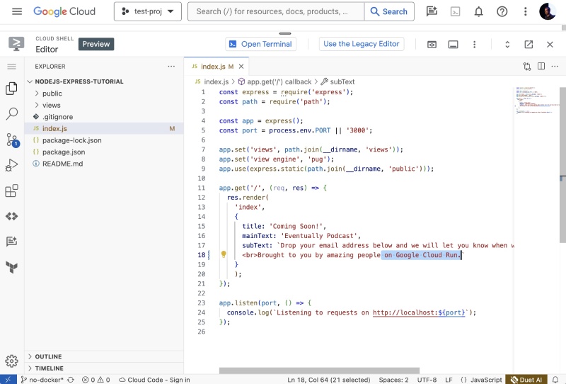 Edit the open file to add desired content on the Google Cloud Shell Editor Edit the open file to add desired content on the Google Cloud Shell Editor