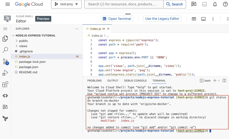 Save the edited file on the Google Cloud Shell Editor Save the edited file on the Google Cloud Shell Editor
