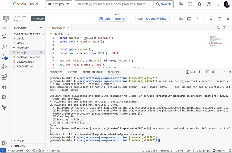 Code is deployed to Cloud Run and you get a working HTTPS URL to try out Code is deployed to Cloud Run and you get a working HTTPS URL to try out