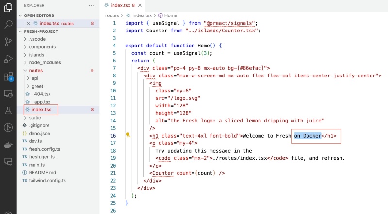 Add 'on Docker' to the Deno Fresh template