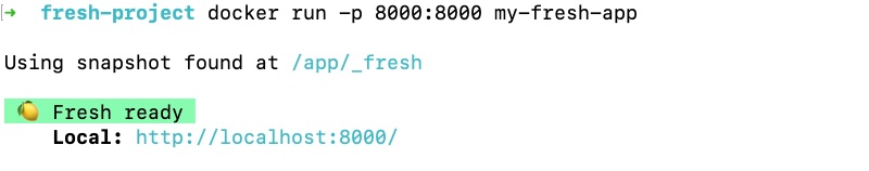 Docker run result for Deno app (Fresh)