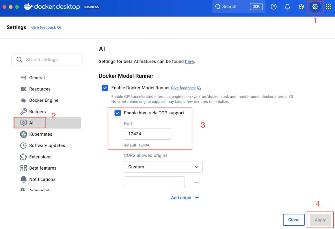 Docker Desktop AI models settings for Docker Model Runner Docker Desktop AI models settings for Docker Model Runner
