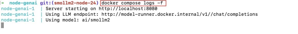 Docker Model Runner and Docker Compose logs of Node.js App with Smollm2 open model Docker Model Runner and Docker Compose logs of Node.js App with Smollm2 open model