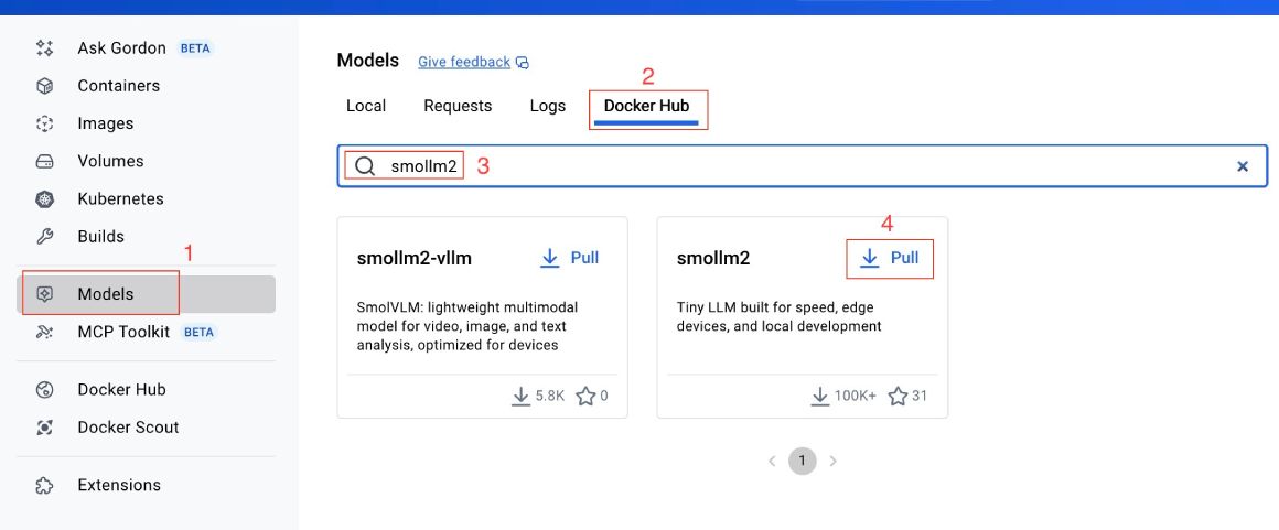 Search for Smollm2 on DockerHub from Docker Desktop Models section Search for Smollm2 on DockerHub from Docker Desktop Models section