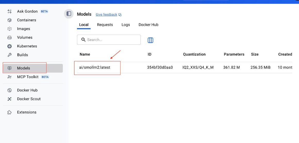 Listing pulled models in Docker Desktop Models section Listing pulled models in Docker Desktop Models section