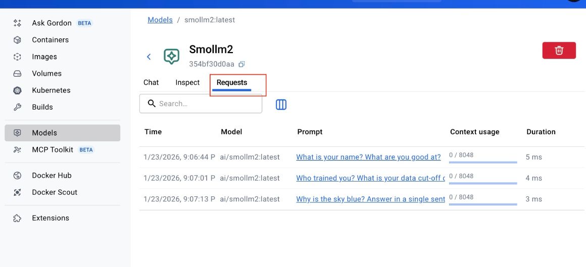 Listing run prompts on Desktop Models section Requests tab Listing run prompts on Desktop Models section Requests tab