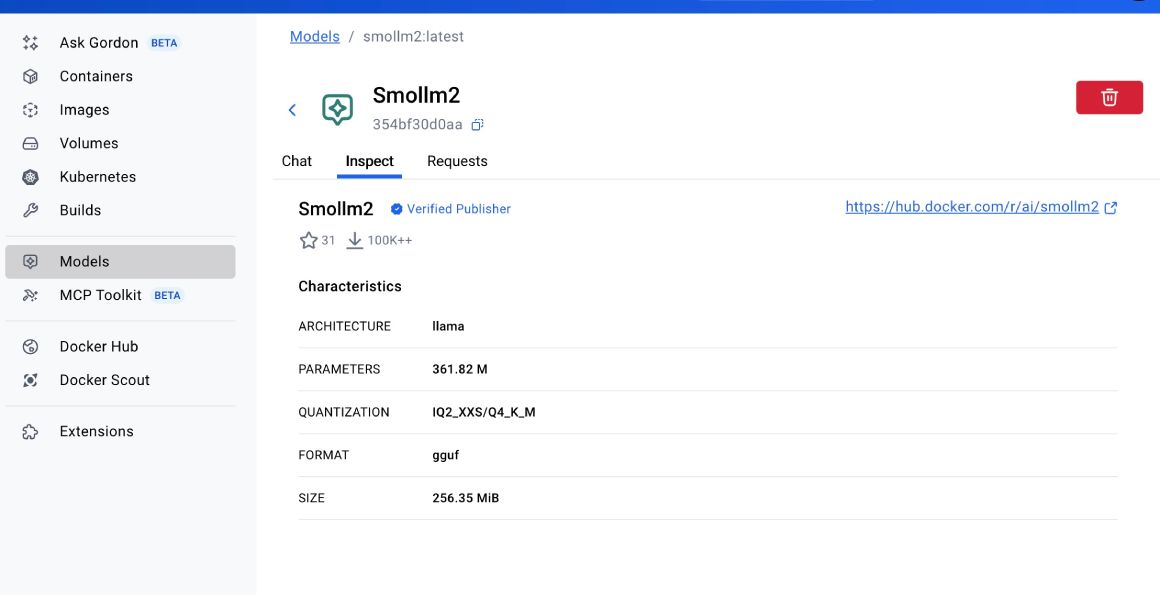 Looking at the model information in Docker Desktop Looking at the model information in Docker Desktop