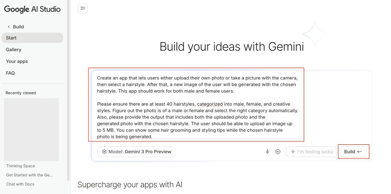 Hair style changer app prompt on Google AI Studio Build -> Start Hair style changer app prompt on Google AI Studio Build -> Start