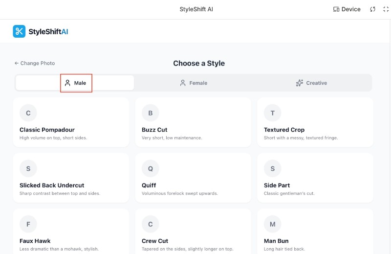 Hair style changer app on Google AI Studio preview with list of male hair style after uploading a photo Hair style changer app on Google AI Studio preview with list of male hair style after uploading a photo