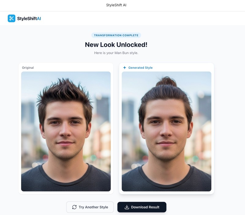 Hair style changer app on Google AI Studio preview with original and man bun hairstyle Hair style changer app on Google AI Studio preview with original and man bun hairstyle