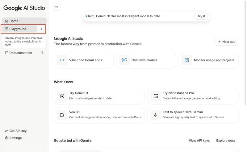 Google AI Studio Playground link Google AI Studio Playground link
