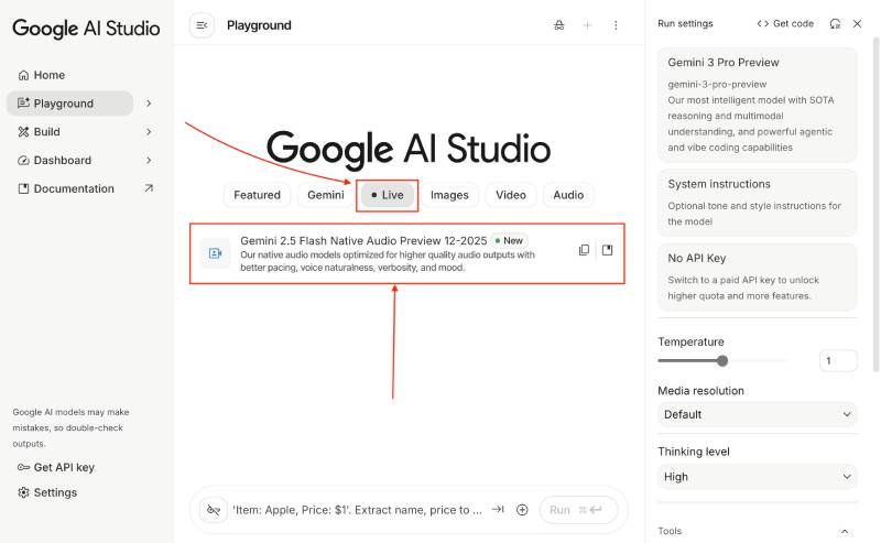 Google AI Studio Live Audio feature selection Google AI Studio Live Audio feature selection