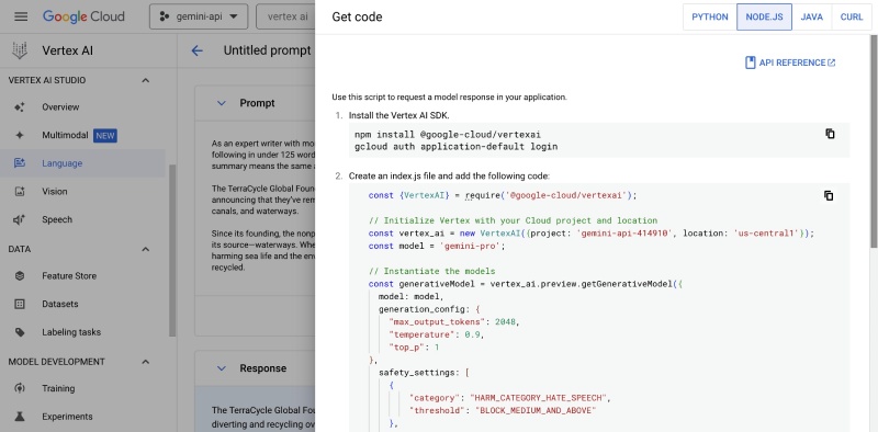 Vertex AI Node.js code sample for your simple text summarizer Vertex AI Node.js code sample for your simple text summarizer