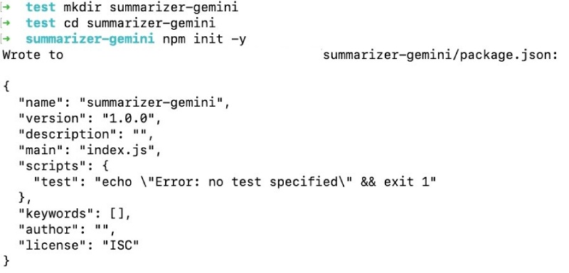 Result of npm init to initiate a Node.js project Result of npm init to initiate a Node.js project