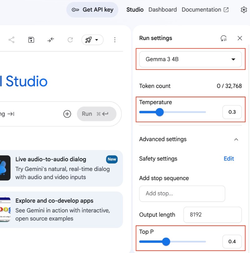Setting the temperature (creativity) and top p settings for Gemma 3:4B on AI Studio Setting the temperature (creativity) and top p settings for Gemma 3:4B on AI Studio