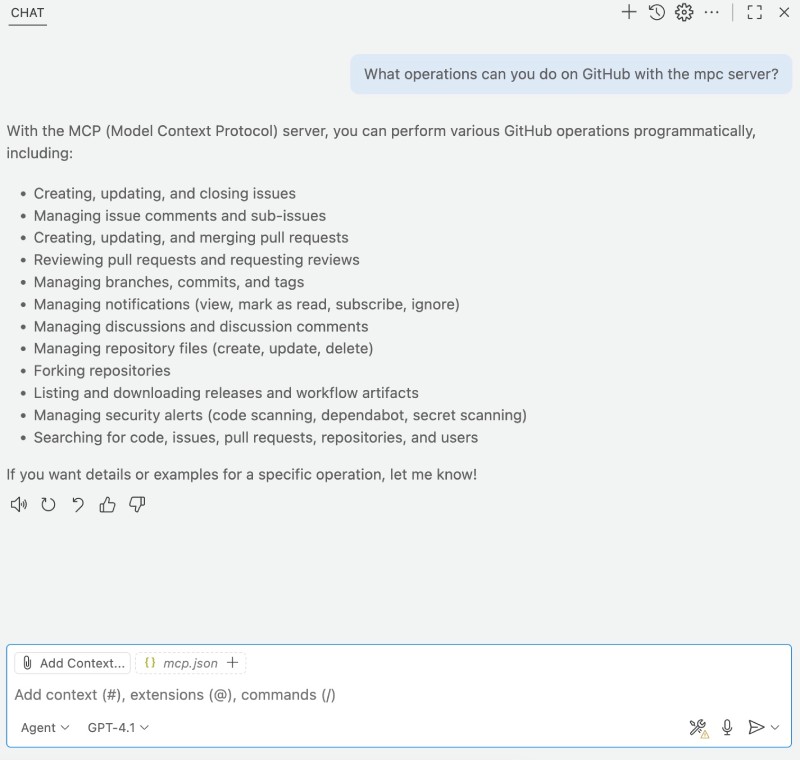 Asking GitHub Copilot what operations can the GitHub MCP server do