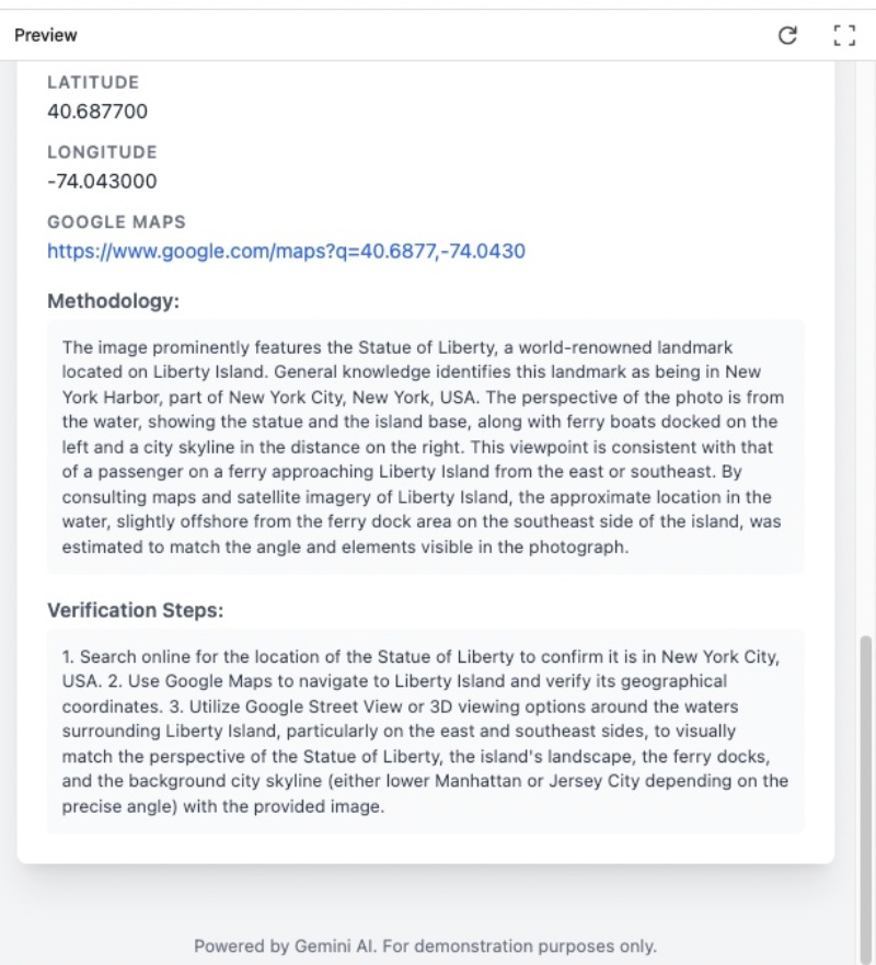 Checking methodology and verification details of the picture of Statue of Liberty, New York in the Geo location guessing app Checking methodology and verification details of the picture of Statue of Liberty, New York in the Geo location guessing app