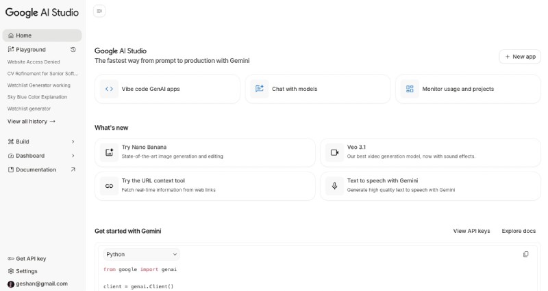 Google AI Studio home page Google AI Studio home page