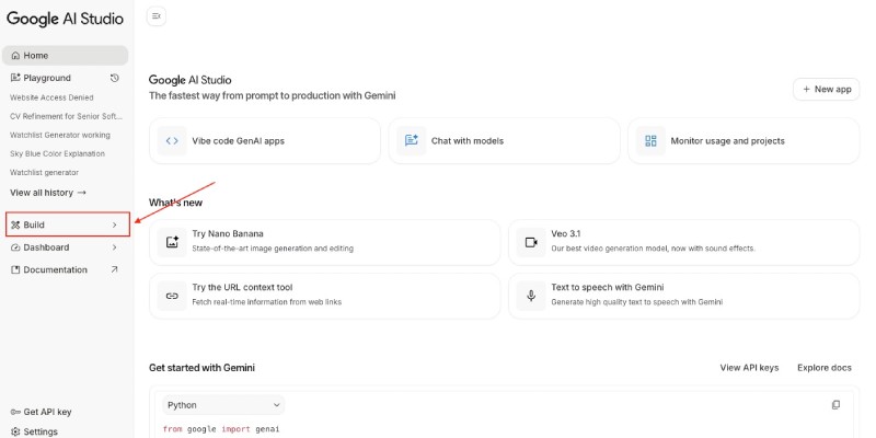 Google AI Studio build link Google AI Studio build link