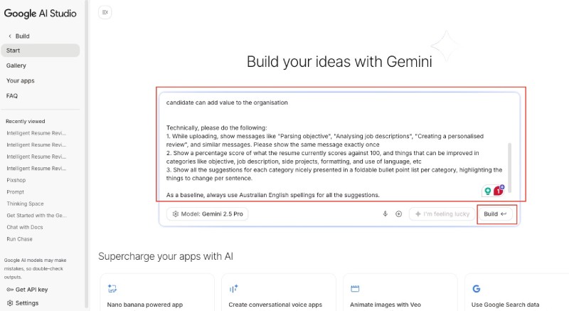 Prompt to generate the intelligent tech resume reviewer app on Google AI Studio build Prompt to generate the intelligent tech resume reviewer app on Google AI Studio build