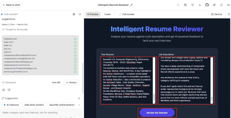 Google AI Studio preview testing of the resume reviewer app Google AI Studio preview testing of the resume reviewer app
