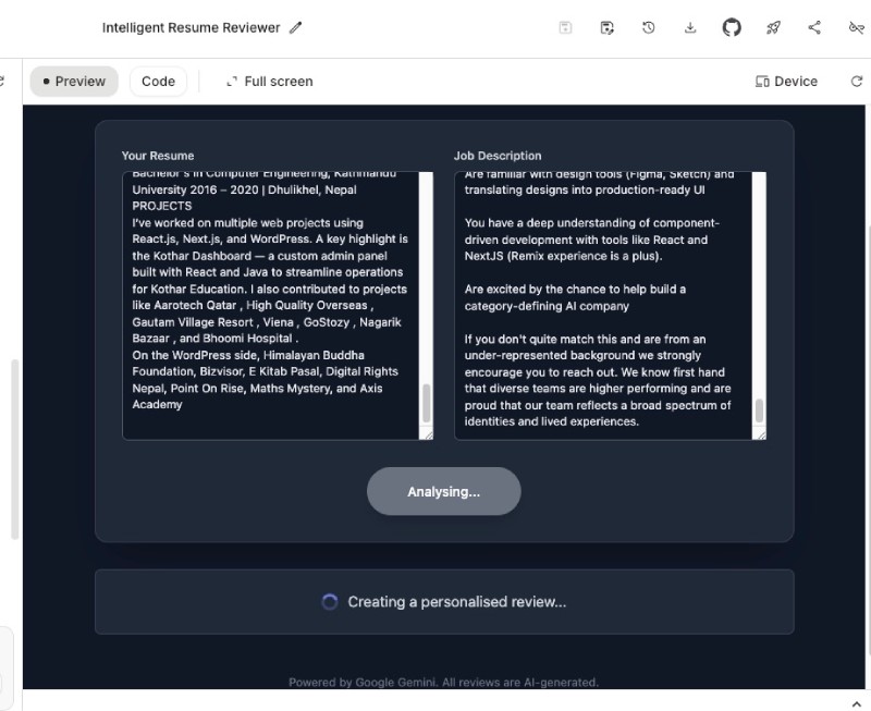 Google AI Studio reviewing a resume Google AI Studio reviewing a resume