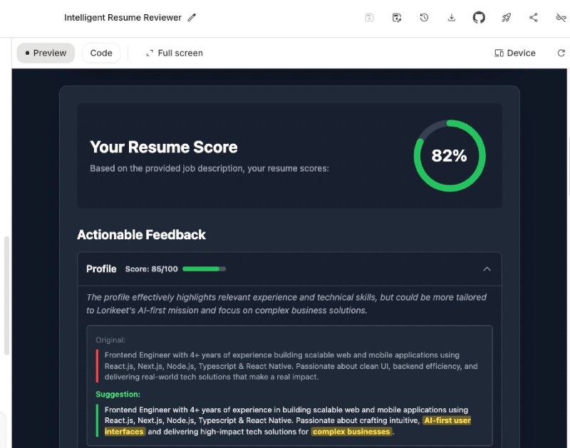 Google AI Studio resume review result Google AI Studio resume review result