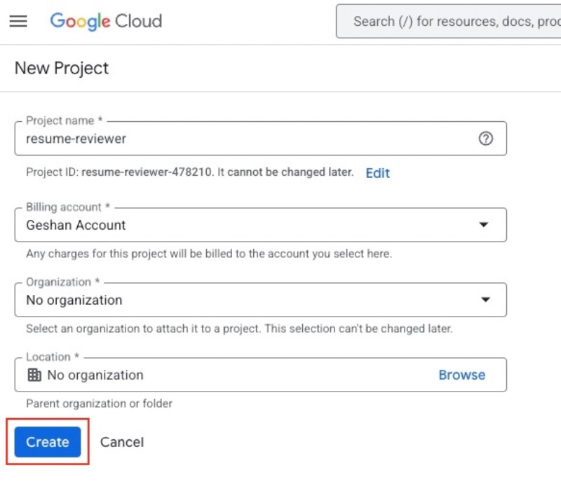 Google Cloud create project called resume-reviewer Google Cloud create project called resume-reviewer