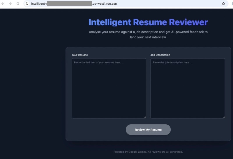 Google AI Studio deployed resume reviewer app running on Google Cloud Run Google AI Studio deployed resume reviewer app running on Google Cloud Run