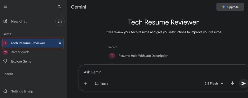 Resume reviewer app running as a Gemini Gem Resume reviewer app running as a Gemini Gem