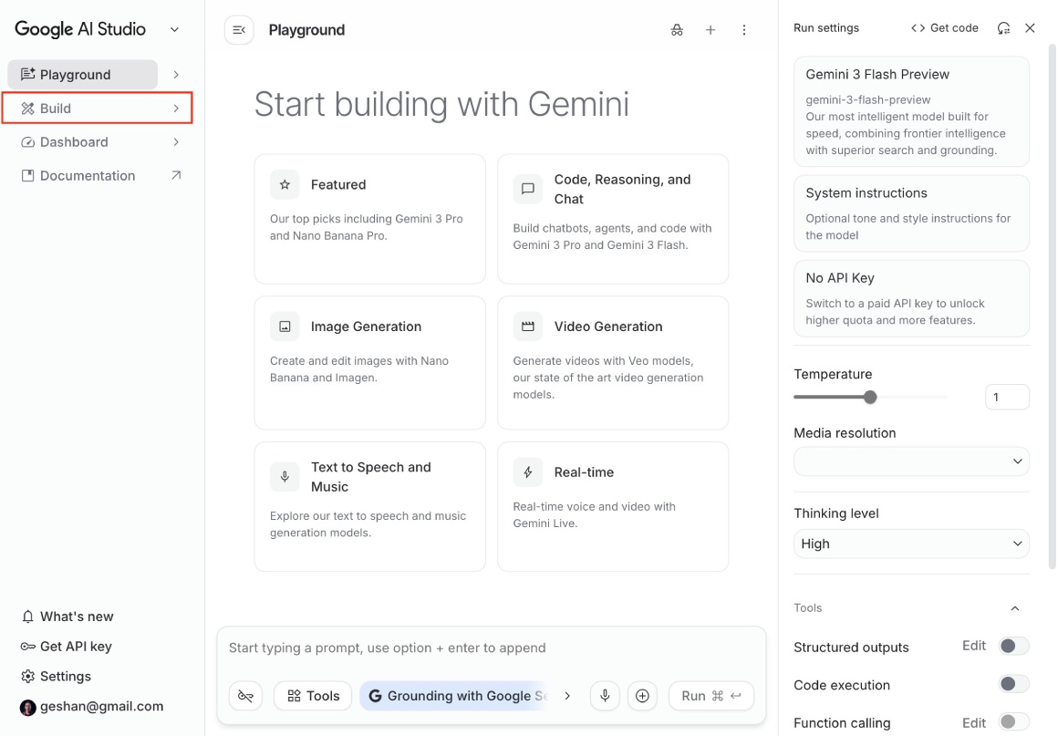 Google AI Studio main page -- click Build Google AI Studio main page -- click Build