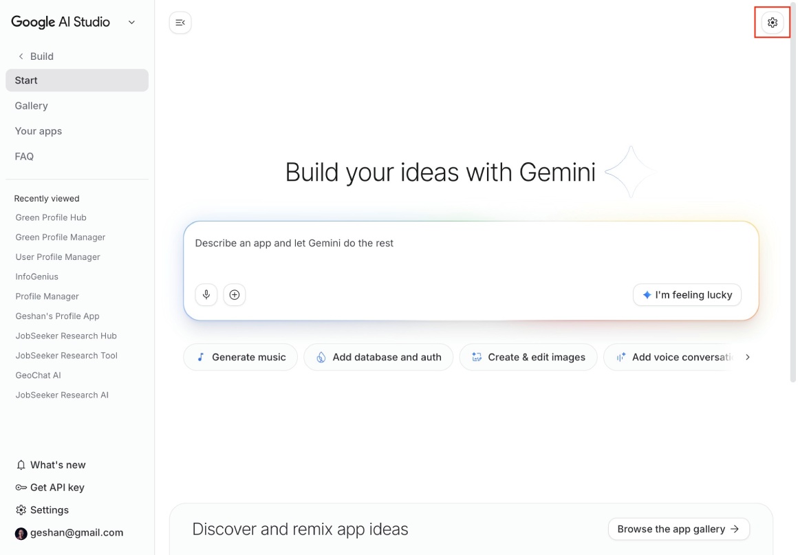 Google AI Studio Build page Google AI Studio Build page